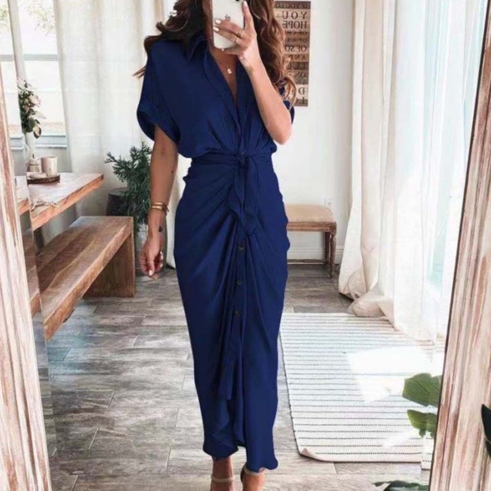 Women's Solid color pleated short sleeve shirt dress - Picture 1 of 1